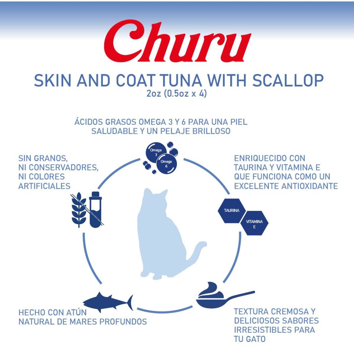 Churu Premio Cremoso Cuidado Piel y Pelo para Gato Todas las Edades Receta Atún con Escalopa 4 pzs