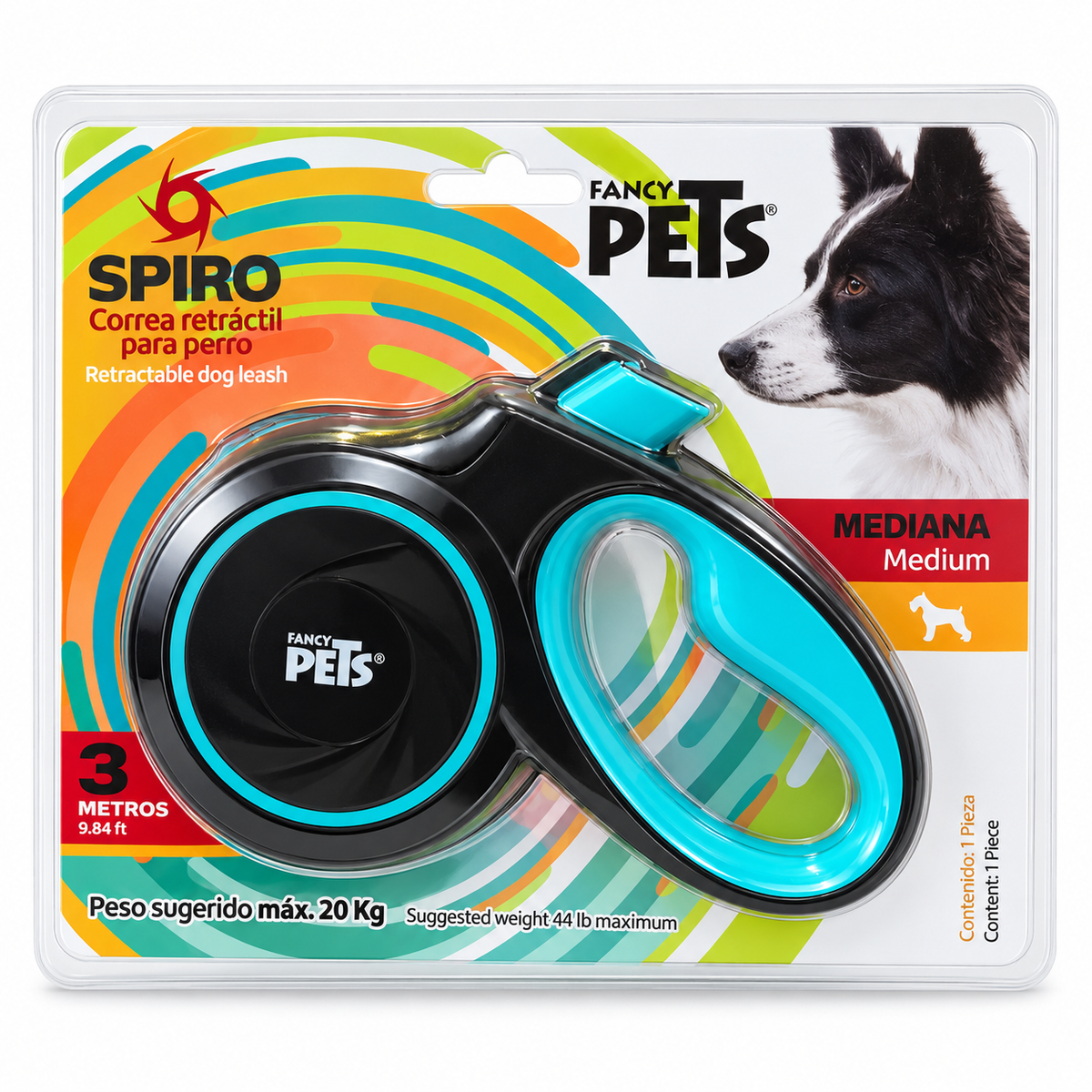 Correa retráctil Fancy Pets Spiro mediana negra con turquesa — 3 metros
