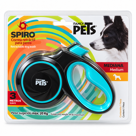 Correa retráctil Fancy Pets Spiro mediana negra con turquesa — 3 metros